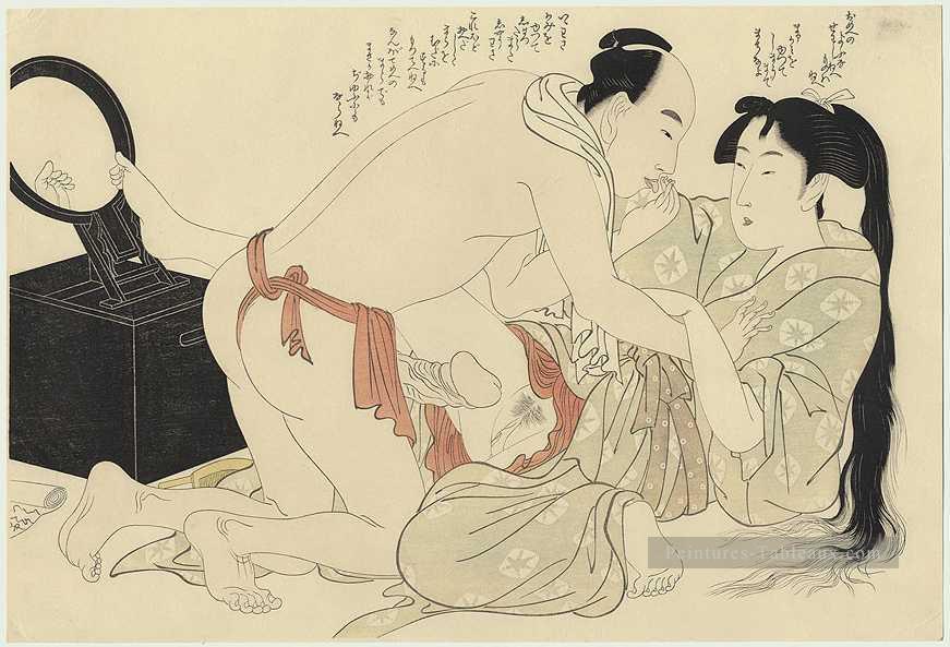 Un homme interrompt la femme peignant ses cheveux longs Kitagawa Utamaro ukiyo e Bijin GA Peintures à l'huile